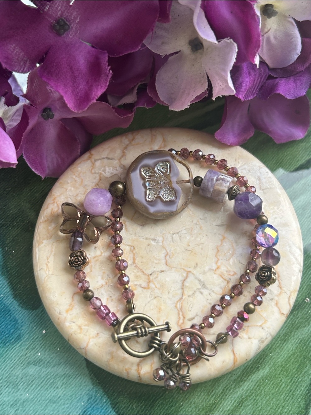 Artisan layered Amethyst and Chalcedony crystal bracelet